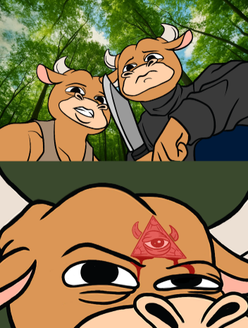 Two cartoon bulls in a forest appear in the top panel, one holding a knife to the other, while the bottom panel shows a close-up of a bull's forehead bearing a red Illuminati-style all-seeing eye/triangle symbol, humorously representing the "hidden folder" where the Bera PFP has been concealed from the bulls.