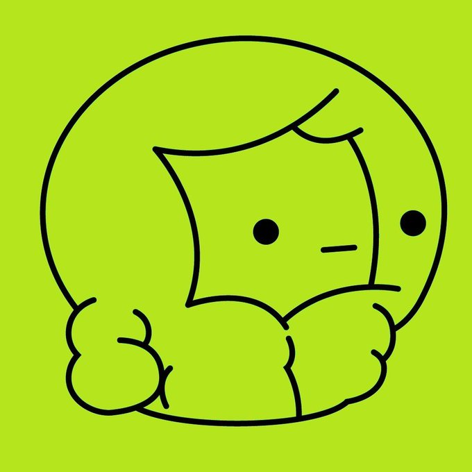 A simple line-drawn cartoon of a sleepy green cupcake character with round eyes and a small frown sits against a bright lime-green background, matching the post's morning greeting and sleepy "Yoodles" mascot theme.