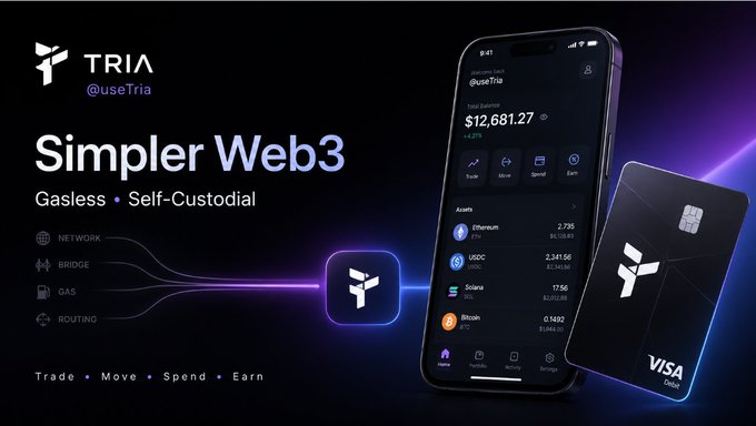 The image features a smartphone with an app that appears to be related to web3 technology. The phone's screen displays information about the app, which seems to be designed for easier access to web3 experiences. The text on the phone reads "Tria is building a smoother Web3 experience by making crypto access simple, fast and user-friendly". This suggests that the app aims to provide a user-friendly interface for accessing and utilizing cryptocurrency, possibly through trading or exploring decentralized applications.