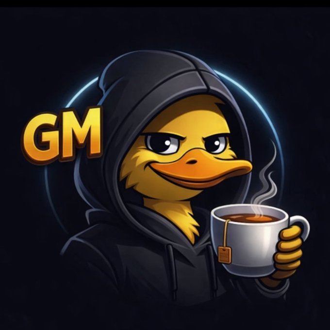 A digital illustration of a yellow duck mascot wearing a dark cloak and holding a steaming tea bag, accompanied by a golden 'GM' (Good Morning) text.
