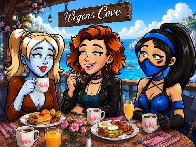 A cartoon illustration of three female characters—one with blue skin drinking from a GM mug, a redheaded woman eating, and a ninja-style character—sitting at a table with breakfast foods and GM-branded mugs, with a 'Wegens Cove' sign overhead.