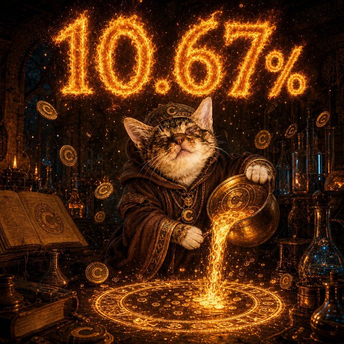 Fantasy artwork featuring a cat dressed as a wizard pouring glowing gold liquid from a cauldron, with the text '10.67%' displayed prominently in fiery letters.