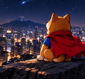 An illustrated scene of a Shiba Inu dog wearing a red cape, sitting on a ledge overlooking a glowing city at night with a snow-capped mountain in the background.