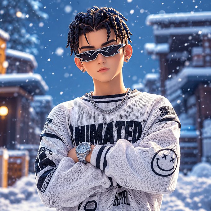 A 3D-rendered character with braided hair and angular sunglasses wearing a white sweater that reads 'ANIMATED', posed against a snowy winter backdrop.