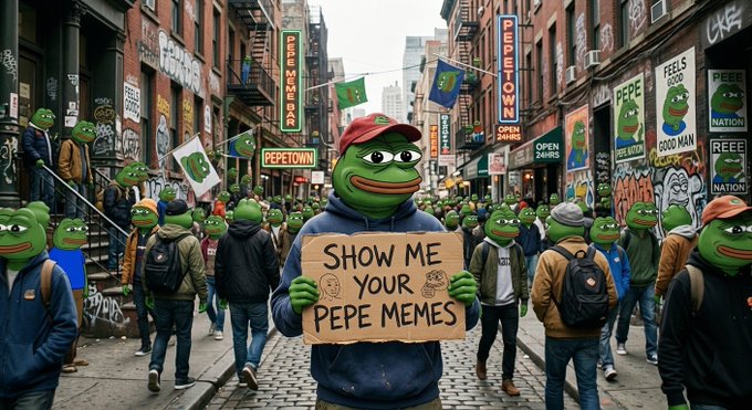 An AI-generated image depicts a crowded city street filled with figures wearing Pepe the Frog masks, with the central character holding a 'SHOW ME YOUR PEPES' cardboard sign.