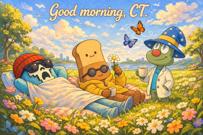 An illustration of three cartoon characters relaxing in a field of flowers under the text 'Good morning, CT.', featuring a blue character wearing sunglasses lounging under a blanket, a tall toast-like character in a yellow hoodie, and a green frog-like character dressed as a wizard.