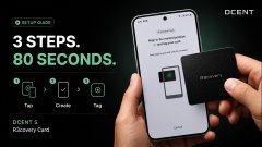 The image shows a hand tapping a smartphone displaying a "Tap to complete your transaction" screen alongside a DCENT hardware wallet, with promotional text reading "3 STEPS, 80 SECONDS" and labeling it as a "DCENT's Advancing Card." This visual supports the post's description of the new DCENT S wallet, emphasizing its quick and secure self-custody transaction process with just a tap and a card.