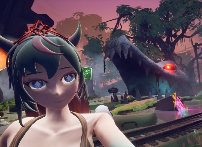 A 3D-rendered anime-style character with teal hair and a red headpiece in a fantastical forest setting, with a creature resembling a giant hand with a red eye in the background.