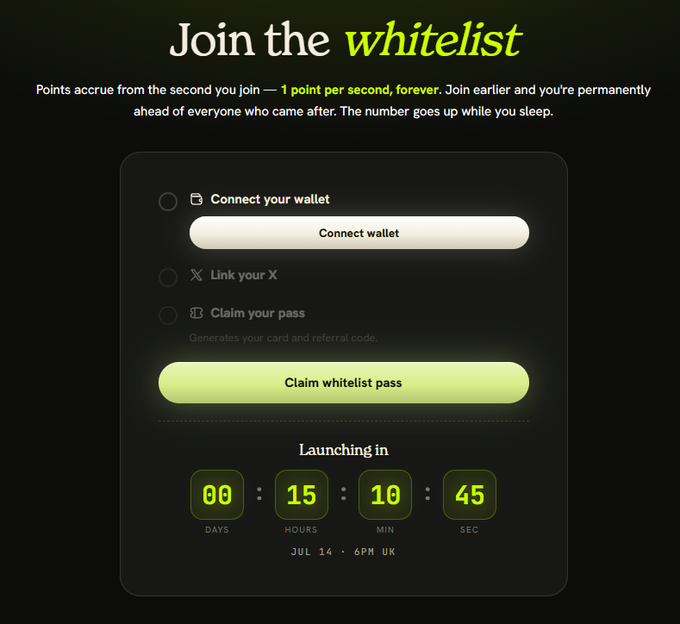 A dark-themed "Join the whitelist" signup page with three steps—Connect your wallet, Link your X, and Claim your pass (with a glowing "Claim whitelist pass" button)—featuring a countdown timer of 00 days, 15 hours, 10 minutes, 45 seconds to a launch on July 14 at 6PM UK. The page promotes the waitlist system described in the post, emphasizing the "1 point per second, forever" mechanic that rewards early joiners with a permanent points lead before the project's drop at 500 followers.