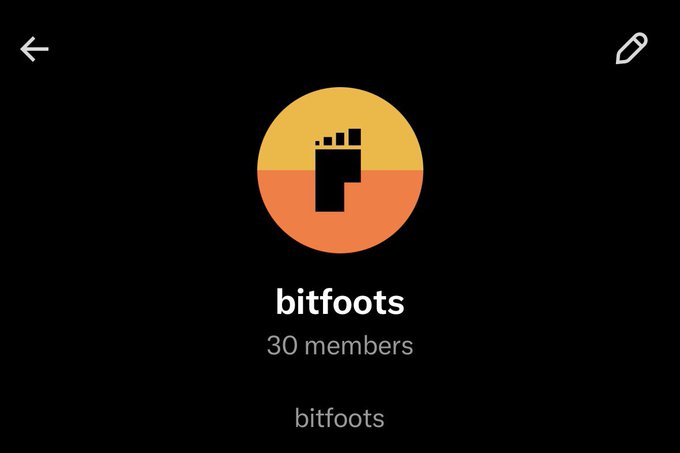 A community page showing 'bitfoots' with 30 members and a footprint logo on an orange circle.