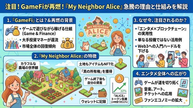 An illustrated infographic about GameFi and 'My Neighbor Alice' in Japanese, explaining GameFi resurgence, NFT-based farming features, entry barriers, and expansion into entertainment, music, and art.