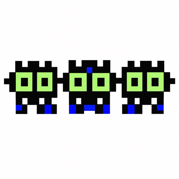 Three pixel art character sprites with black bodies, green square glasses, and blue shoes standing in a row on a white background.