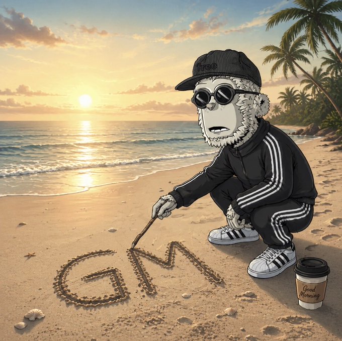 An illustration of a character wearing a black tracksuit, cap, and sunglasses drawing 'GM' in the sand on a tropical beach at sunset, with a coffee cup labeled 'Good Morning' beside them.