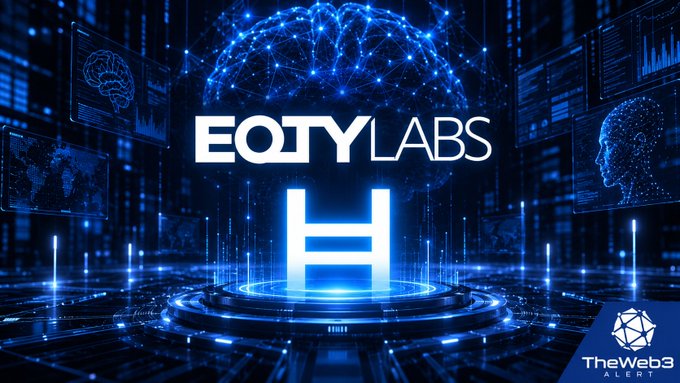 A futuristic digital graphic displays the text "EQTY LABS" with a glowing brain and an "H" symbol, branded with "The Web3 ALERT" watermark.