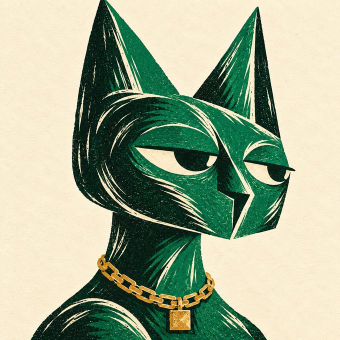 A stylized illustration of a green cat character with a serious expression wearing a gold chain necklace with a padlock pendant.