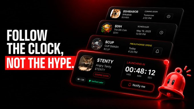 A meme-style promotional image featuring a stack of crypto token listings—$SHIBABOB (Snikabob), $DIH (The Dih Coin), $CUP (CUP SMASH), and $TENTY (Angry Tenty)—each with countdown timers or scheduled launch times, accompanied by the bold text "FOLLOW THE CLOCK, NOT THE HYPE" and a red notification bell. The image directly reinforces the post's message by visually emphasizing the importance of timing over hype, showing how each token's countdown or pre-authorization window represents a specific moment to act—aligning with the idea that recognizing the right opportunity *before* everyone else is what truly makes the difference.