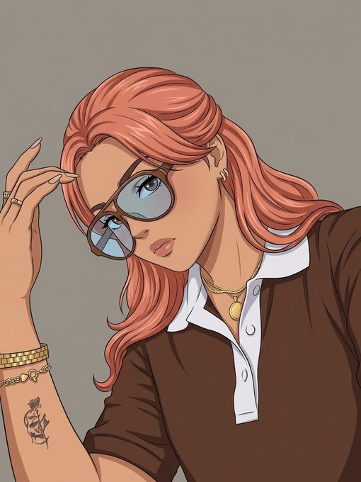 A red-haired woman in sunglasses and a brown polo shirt adjusts her glasses while a rose tattoo is visible on her wrist, projecting a focused, "locked-in" vibe that matches the post's confident GM (Good Morning) crypto update about $KNOTS and $STONK holders. The illustration's serious, attentive styling visually reinforces the "new day, new signals" sentiment.