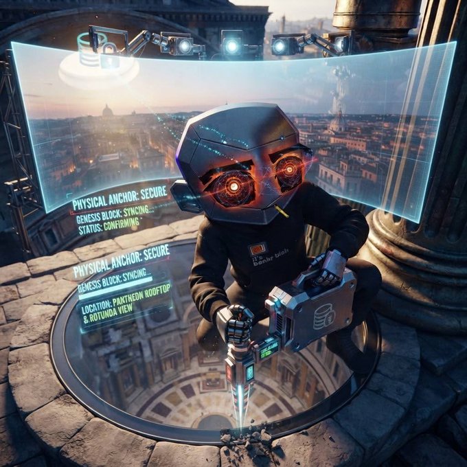 A futuristic sci-fi illustration of a humanoid figure in a digital helmet operating a glowing device on a circular platform atop the Pantheon in Rome, with HUD overlays reading 'PHYSICAL ANCHOR: SECURE' and 'GENESIS BLOCK: SYNCING'.
