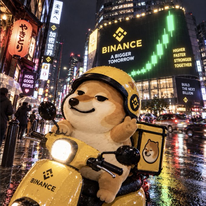 A Binance promotional image shows the company's Shiba Inu mascot riding a yellow scooter through a neon-lit city street at night, with Binance billboards displaying slogans 'A BIGGER TOMORROW,' 'HIGHER FASTER STRONGER TOGETHER,' and 'BUILD THE NEXT BILLION.'