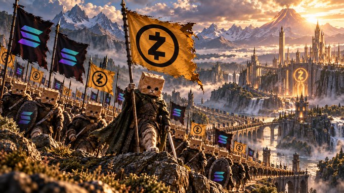 A fantasy digital artwork depicting an army of warriors with blocky/cube-shaped heads carrying yellow flags with the Zcash (ZEC) logo and dark flags with the Solana logo, marching toward a grand golden castle.