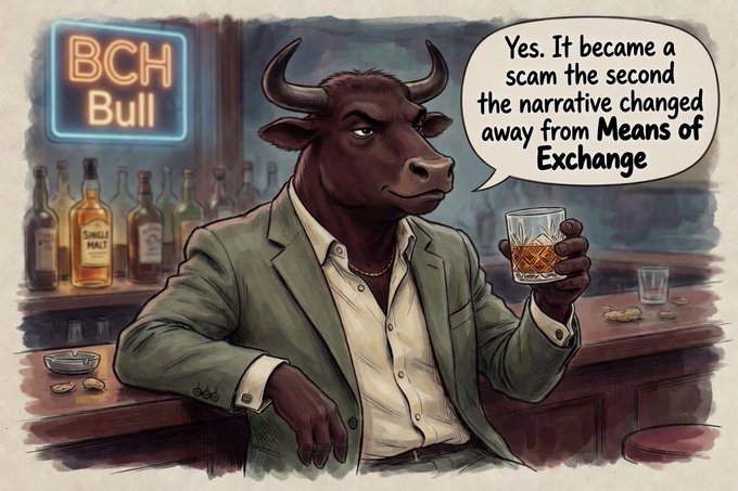 The image features a cartoon bull sitting at a bar, holding a glass filled with whiskey. The background includes a neon sign that says "BCH Bull" and several bottles of alcohol arranged behind the bull. The caption reads "Yes. It has been since the narrative moved away from Means of Exchange." This suggests that the bull's story might have taken an unexpected turn or is no longer relevant to the post about exchange rates, as it now focuses on a different aspect of the narrative.