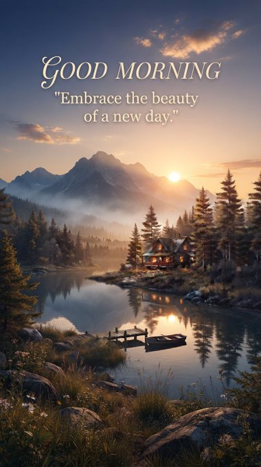 A scenic digital illustration of a mountain landscape at sunrise with a cabin by a lake, featuring the text 'GOOD MORNING' and the quote 'Embrace the beauty of a new day.'