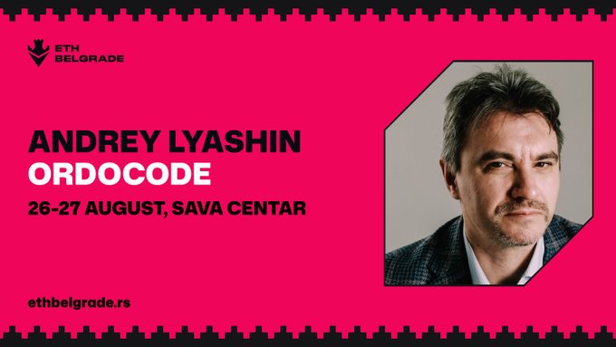 Pink promotional banner for ETH Belgrade featuring speaker Andrey Lyashin of Ordocode, scheduled for 26-27 August at Sava Centar (ethbelgrade.rs).