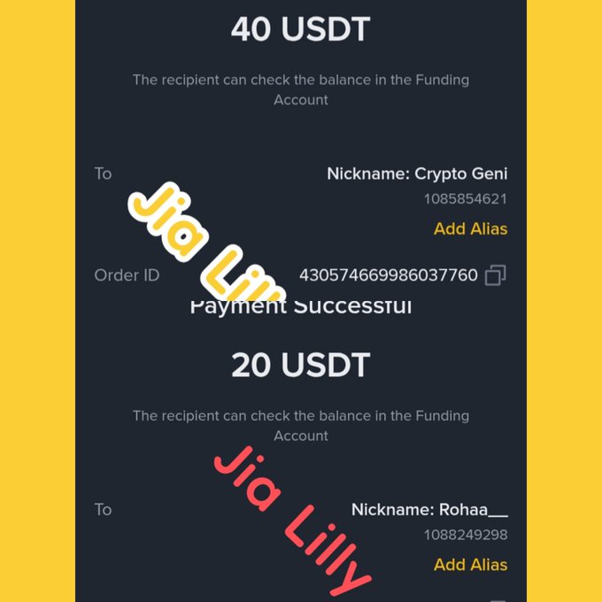 In the image, there are three different texts that describe an ongoing cryptocurrency trade or payment process. The first text mentions the exchange rate of 40 USDT for 100 Libal, indicating a transaction taking place between two individuals. The second text states that this is a payment success case with the recipient named JIA Lilly and another person called Roha. The third text shows that more than 60 USDT has been sent to these individuals as a part of a payment milestone achievement.