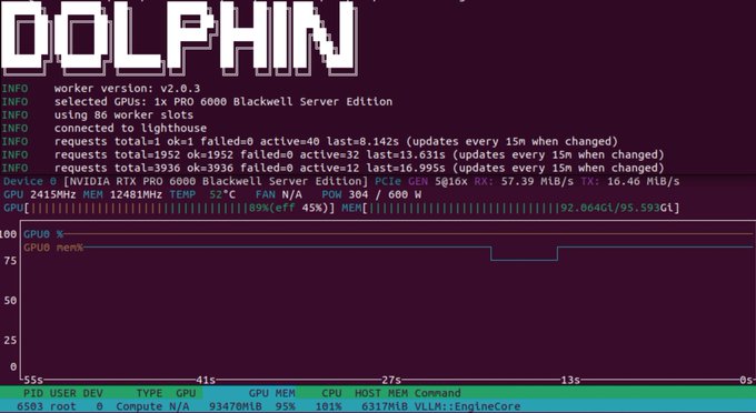 The image shows a terminal window displaying the "Dolphin" mining software running on a "PRO 6000 Blackwell Server Edition" GPU, with workers connected to a lighthouse and hash rate metrics. The dashboard shows a process at 95% CPU usage and 6317MB memory, illustrating the post's claim about miners transitioning to the Dolphin Network (DPHN).