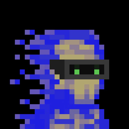 A pixelated character with a disintegrating, glitching effect in shades of blue, yellow, and beige, featuring a black mask with green eyes.