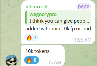 A screenshot of a Telegram chat showing messages from users 'bitcorn' and 'wegocrypto' discussing giving 'peop' tokens, alongside a message from another user about '10k tokens'.