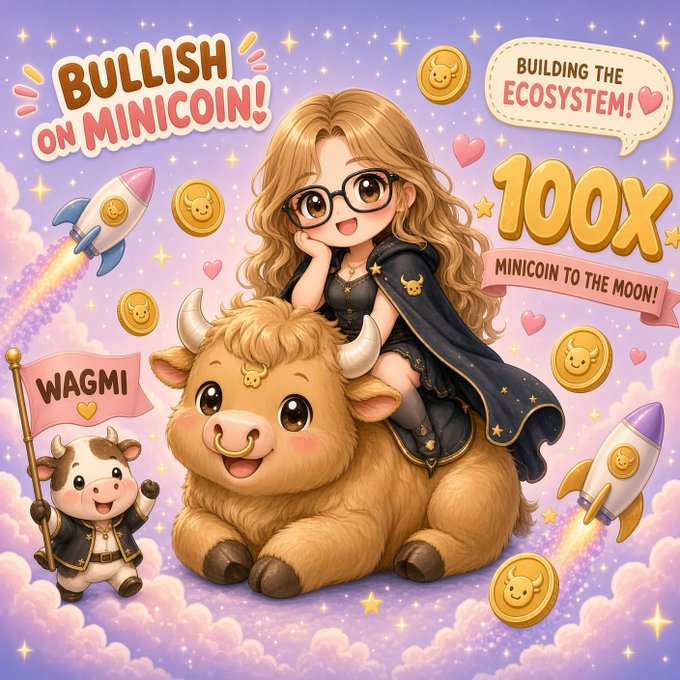 A cartoon illustration of a girl with glasses riding a fluffy cow alongside a smaller cow holding a 'WAGMI' flag, surrounded by 'BULLISH ON MINICOIN!' and '100X MINICOIN TO THE MOON!' text with rockets and coins.