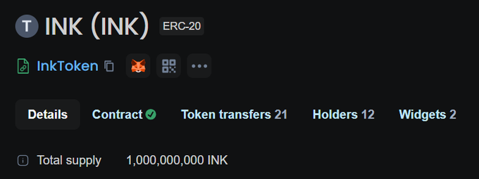A cryptocurrency token information page showing 'INK (INK)' as an ERC-20 token by InkToken, with a total supply of 1,000,000,000 INK, 12 holders, and 21 token transfers.