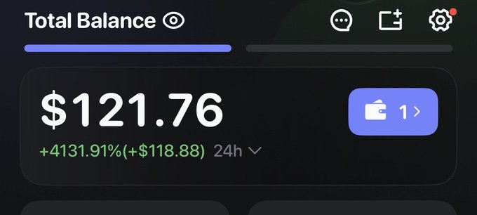 The image shows a wallet dashboard displaying a "Total Balance" of **$121.76**, with a 24-hour gain of **+4131.91% (+$118.88)**. This aligns with the post's claim of growing an investment from $2 to $121, visually highlighting the dramatic percentage increase.