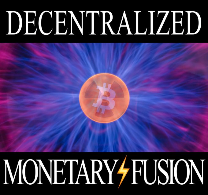 A cryptocurrency graphic featuring a Bitcoin symbol with the text 'DECENTRALIZED' at the top and 'MONETARY⚡FUSION' at the bottom, set against a purple and blue energy burst background.