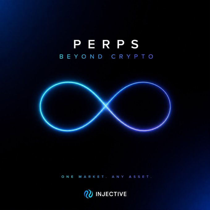 A dark promotional graphic for Injective featuring a glowing neon infinity symbol and the text "PERPS BEYOND CRYPTO" and "ONE MARKET. ANY ASSET."
