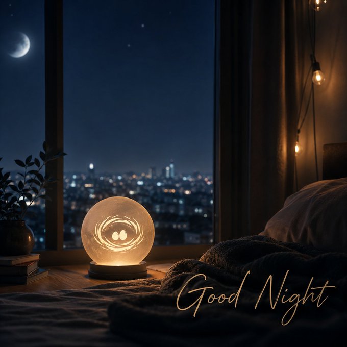 A cozy bedroom scene at night featuring a glowing spherical lamp on a nightstand, a view of a city skyline with a crescent moon, and the text 'Good Night' in elegant gold script.