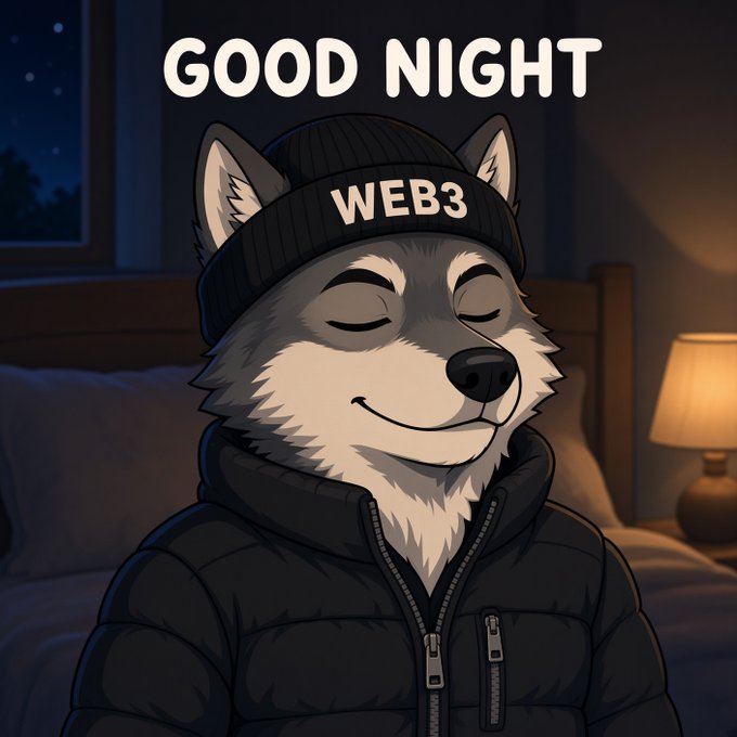 A cartoon illustration of a smiling wolf wearing a black 'WEB3' beanie and puffy jacket with 'GOOD NIGHT' written at the top.