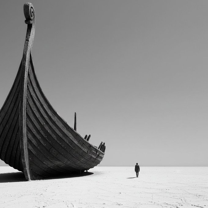 A black and white photograph of a wooden Viking-style ship on a vast expanse, with a lone figure walking away toward the horizon.