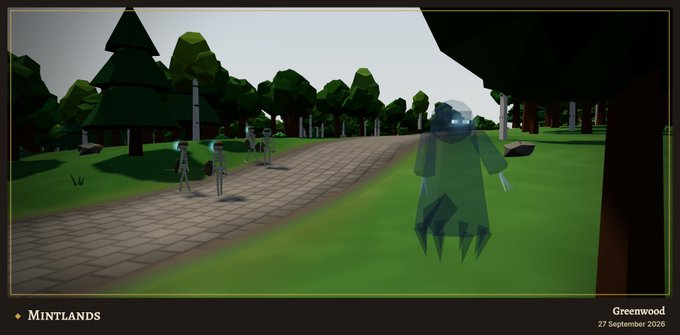 A low-poly 3D video game scene titled "MINTLANDS" from "Greenwood 27 September 2026" shows a hooded figure standing on a path in a forested area with skeletons and trees in the background.