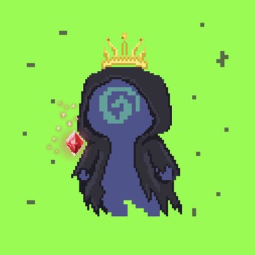 A pixel art illustration of a hooded, cloaked figure with a glowing blue circular emblem on its face, wearing a golden crown and holding a red gem, set against a green background with scattered black pixel marks.