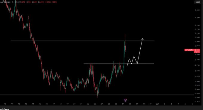 The image features a computer screen with a black background, displaying an upward sloping line that is likely representing changes over time, possibly stock prices or market trends. In addition to this line of data, there are several dots scattered across the graph, which could represent individual data points for further analysis. The text in the image reads "ICP / $USD - Update Target hit and reversed. Love to see it." This suggests that someone has recently updated their target on a specific stock or market indicator, such as a chart of the dollar versus another currency like the euro or yen.