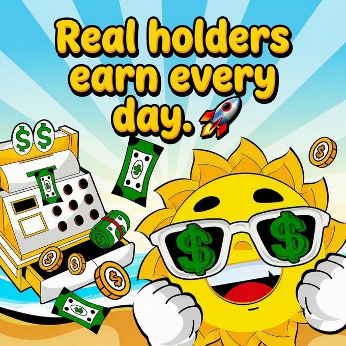 A cartoon sun wearing dollar-sign sunglasses grins next to a cash register spewing cash and coins, with the bold text "Real holders earn every day." and a rocket emoji, visually reinforcing the post's message about $SUMMER's daily USDT reward potential for holders.