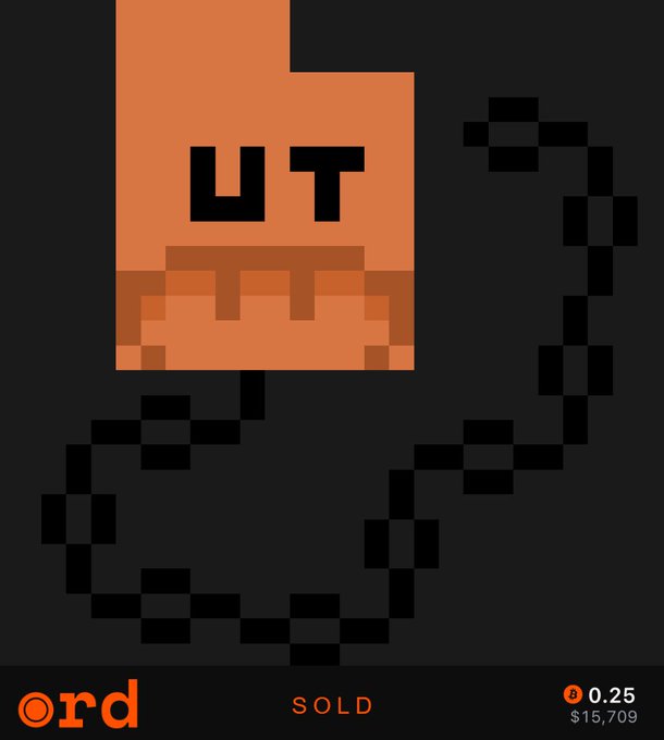 The image shows an orange pixel-art character resembling a mushroom or blocky figure with a chain link, labeled "Ord SOLD 0.25 $15,709." This represents a Bitcoin Ordinals inscription called "Bitcoin Shrooms" #782, which was collected for 0.25 BTC ($15,709) on the Ord marketplace, with the pixelated chain and mushroom-like character reflecting the artwork's blockchain-based, retro pixel aesthetic.