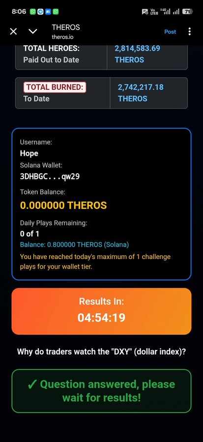 A therocrypto.io mobile interface showing total paid out of 2,814,583.69 THEROS, with a user 'Hope' who has 0 daily plays remaining and a 0.8 THEROS Solana balance.