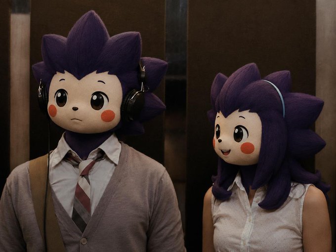 Two people wearing large mascot masks of spiky purple-haired characters, dressed in office attire (shirts, tie, vest, and blouse) in a dimly lit hallway.