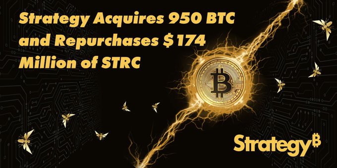 A promotional graphic showing 'Strategy Acquires 950 BTC and Repurchases $174 Million of STRC' with a glowing Bitcoin coin and butterflies against a circuit board background.