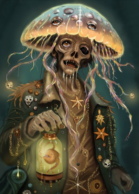 A dark fantasy digital illustration of a skeletal figure with a jellyfish-like cap adorned with eyes and tentacles, holding a glass jar containing a small creature, decorated with starfish, chains, and skull ornaments.