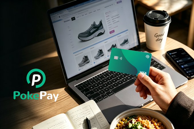 A promotional image for PokePay showing a person holding a green Visa card while shopping for shoes online on a laptop, with a coffee cup and a meal on the desk.