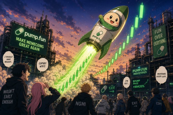 A vibrant anime-style illustration shows a rocket emblazoned with "pump.fun" launching skyward, leaving a trail of green candlestick charts soaring past signs reading "MAKE MEMECOINS GREAT AGAIN" and "PUMP.FUN INDUSTRIES $PUMP PRICE +69420%." A crowd of hoodie-clad onlookers reacts with crypto slang like "WASNT EARLY ENOUGH," "I SHOULD HAVE BOUGHT," "CUPSEY WTF?!", "NGMI," "REKT," "EXIT," and "COPE," capturing the euphoric, generational-bottom-recovery moment referenced in the post about $Cupsey's moonshot rally.